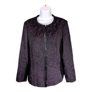 Lafayette 148 Jacket Cotton Leather Trim Textured Full Zip Purple Black Womens 8